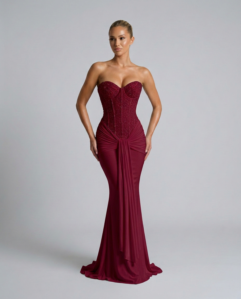 Robe bordeaux portée mains sur les hanches, silhouette sirène ajustée, bustier à sequins et drapé en cascade 5