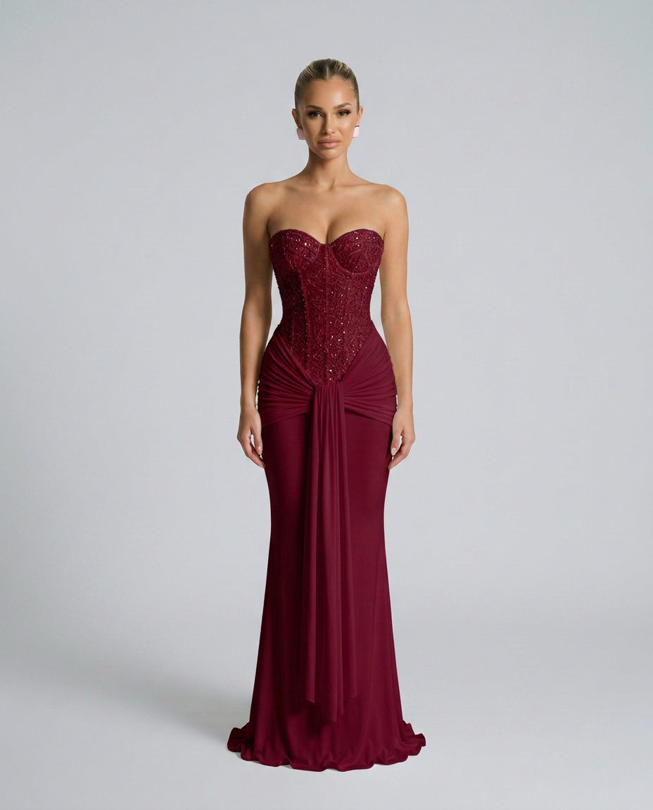 Vue de face de la version bordeaux, bustier à sequins et drapé noué à la taille, portée par un mannequin 3