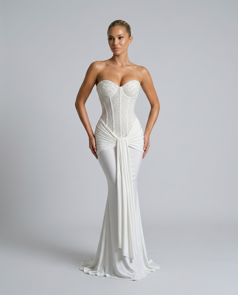 Robe blanche portée mains sur les hanches, coupe sirène, bustier perlé et drapé qui souligne la taille 8