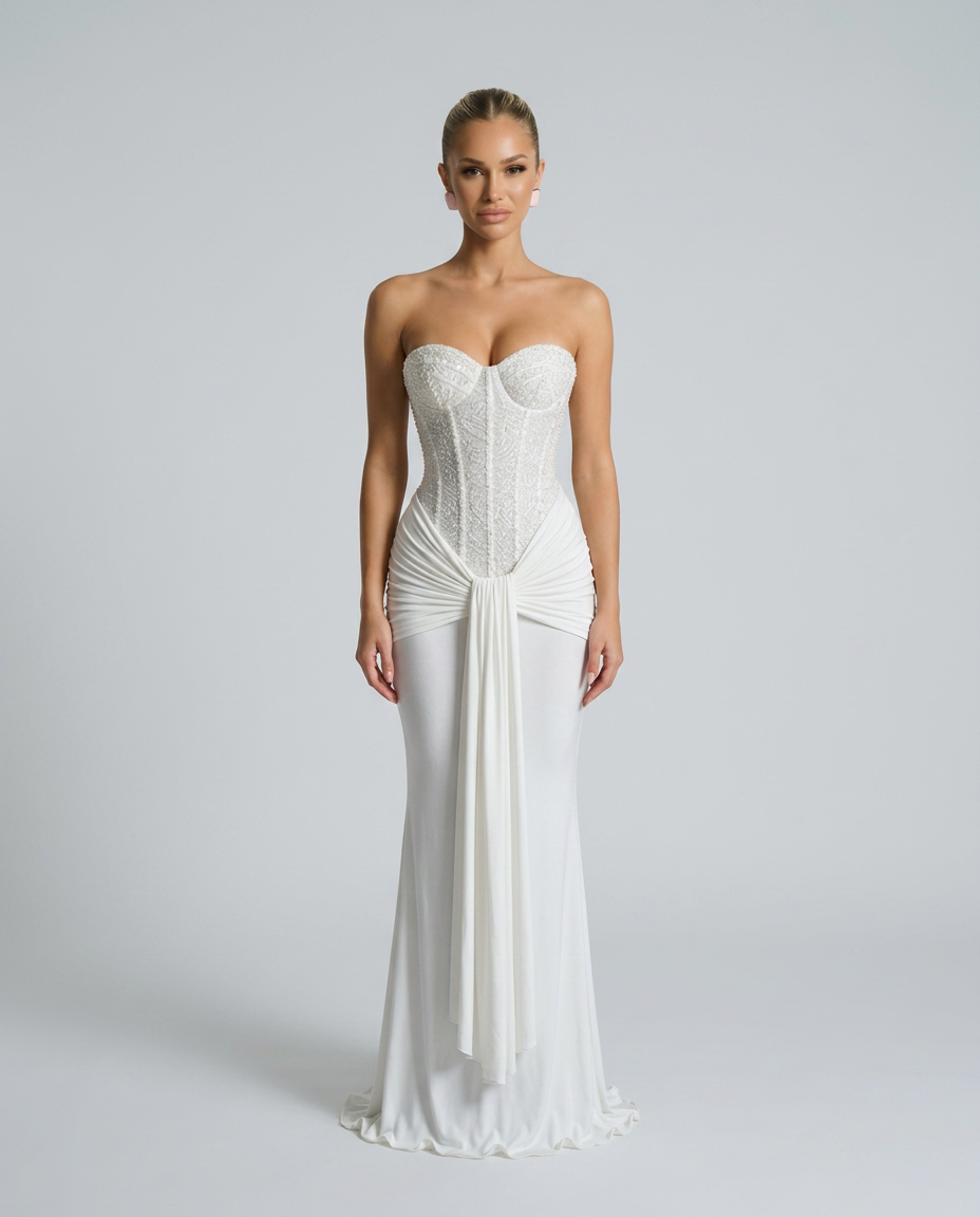 Vue de face de la version blanche, bustier orné de perles et sequins, drapé noué à la taille 6