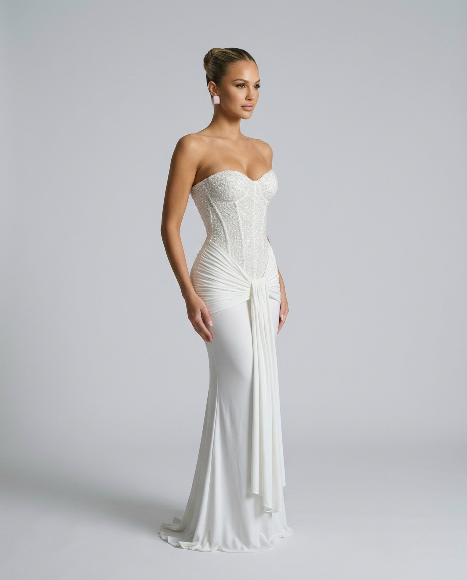 Robe blanche portée en trois-quarts, détail du bustier perlé et du drapé fluide qui retombe sur la jupe 7