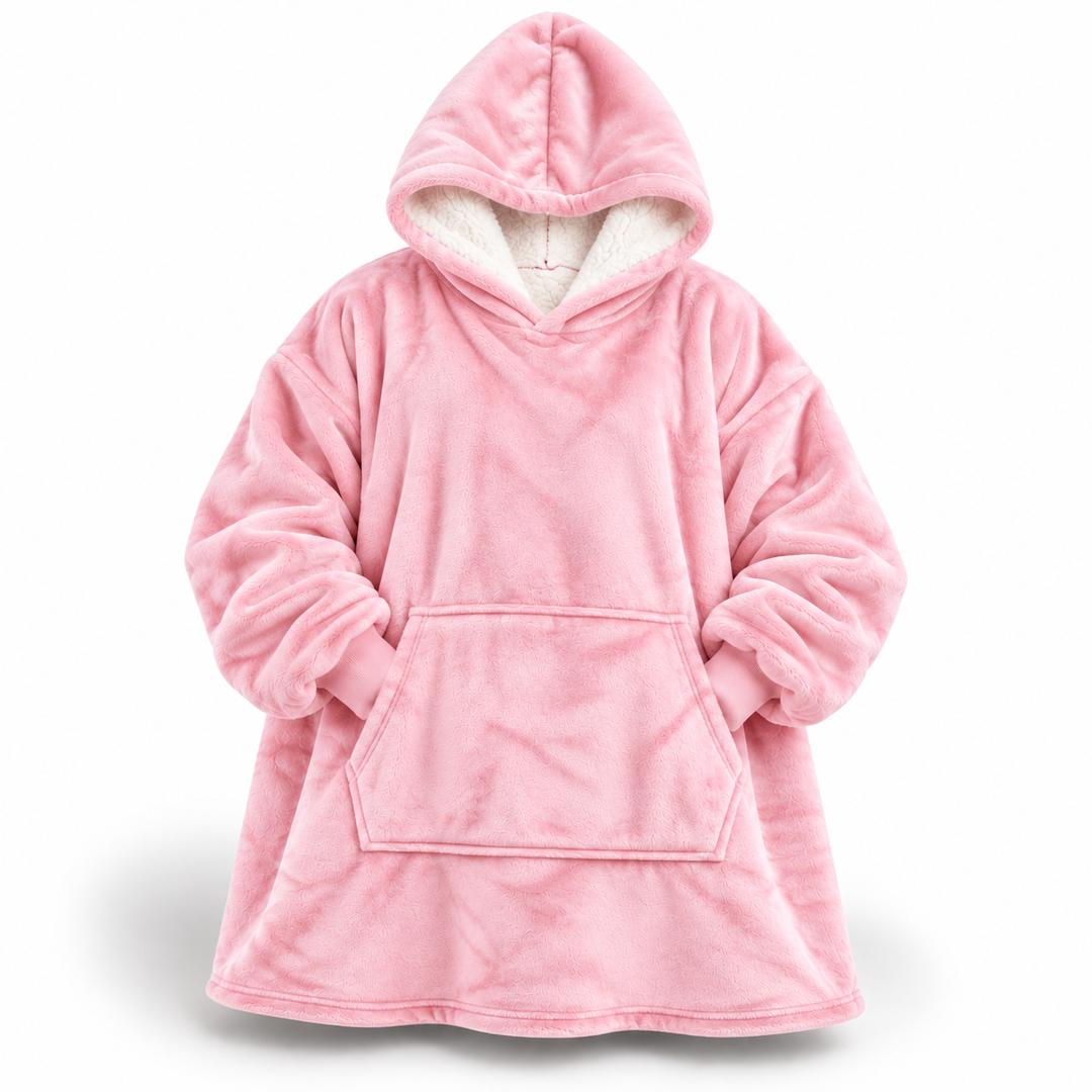 Version rose vue de face, avec capuche doublée de sherpa blanc, longues manches à poignets côtelés et grande poche avant. 5