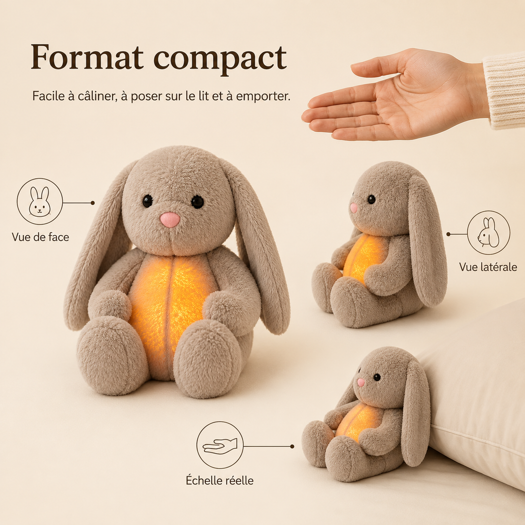 Lapin en peluche vu de face, de côté et près d'un coussin, avec une main ouverte pour montrer sa taille. 9