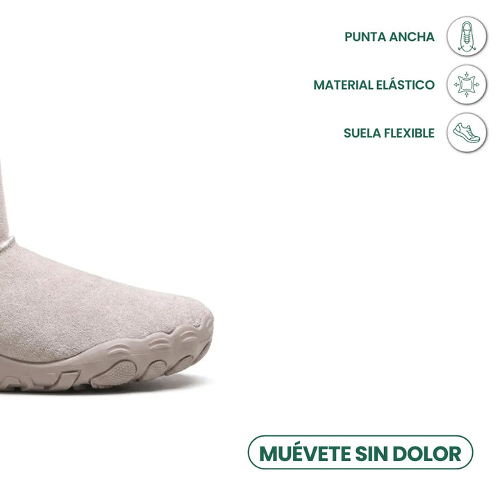 Bout large de la botte gris clair en daim, avec pictos sur la souplesse de la semelle 32