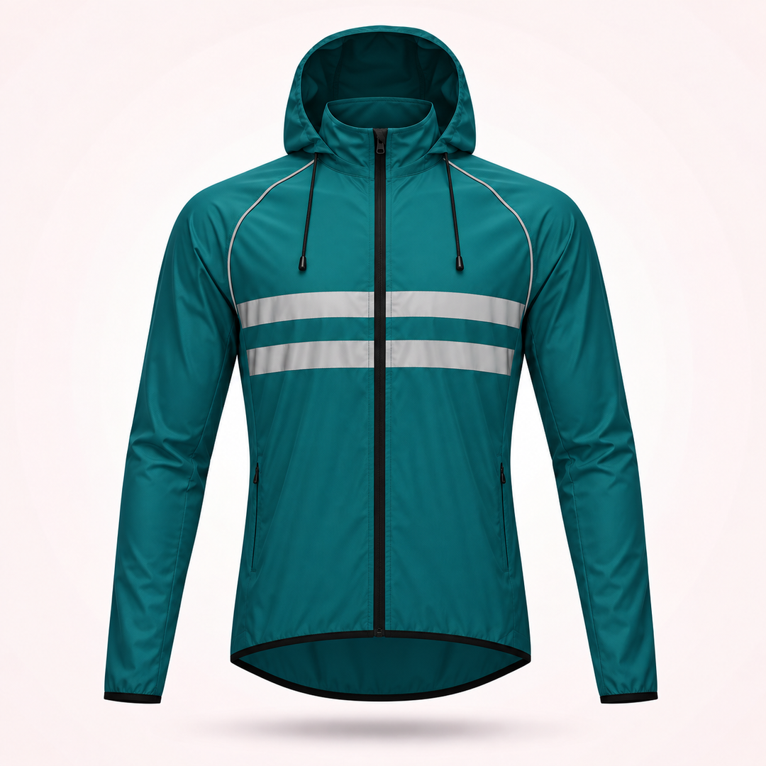 Veste turquoise à capuche avec cordons, vue de face, deux bandes réfléchissantes claires et poches latérales zippées. 18
