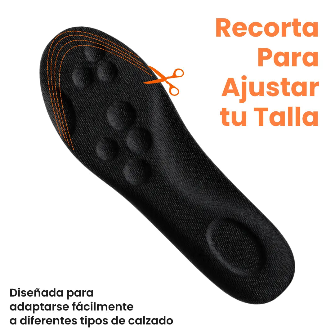Semelle noire à reliefs avec pointillés orange et ciseaux au bout, indiquant où la découper pour l'ajuster à sa pointure. 15