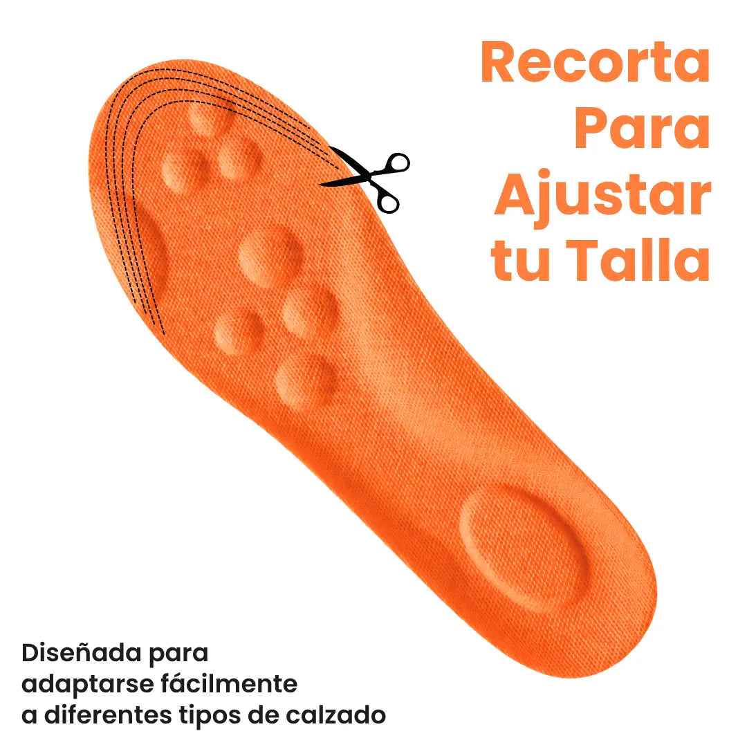 Semelle orange à reliefs avec pointillés et ciseaux au bout, indiquant où la découper pour l'ajuster à sa pointure. 10