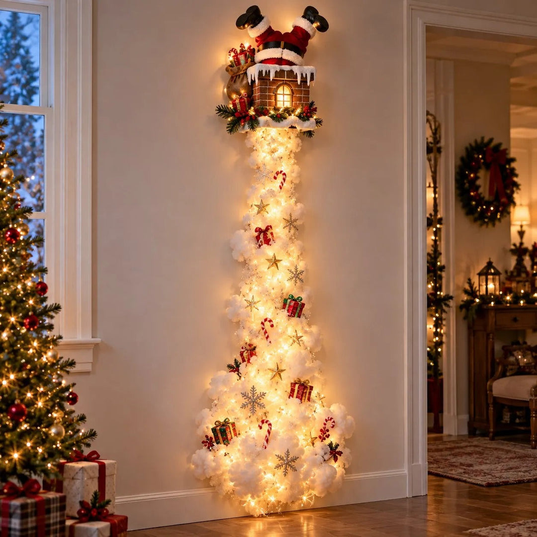 Jambes du Père Noël dépassant d'une cheminée enneigée, au-dessus d'une traînée lumineuse ornée de cadeaux et de cannes en 2