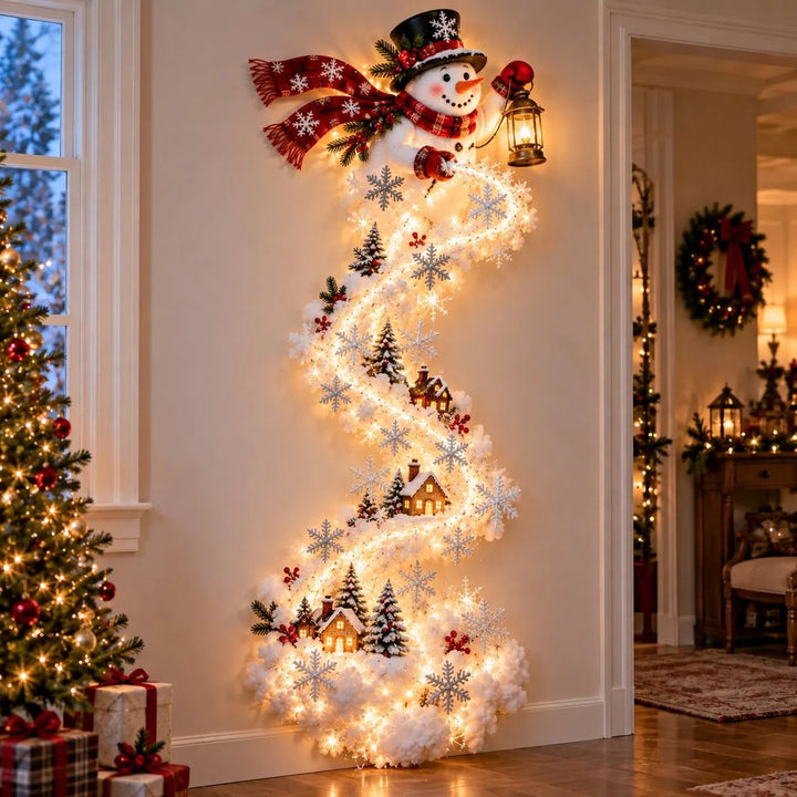 Bonhomme de neige à chapeau et écharpe rouge tenant une lanterne, avec une traînée lumineuse ondulante de maisons et flocons 5
