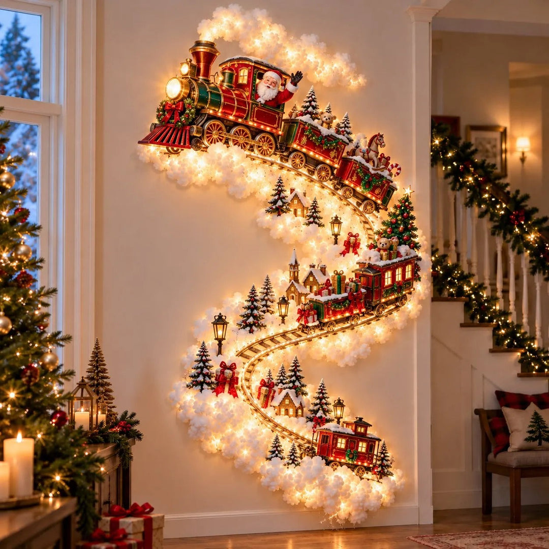 Train de Noël avec Père Noël roulant sur des rails sinueux, entourés de petites maisons, sapins et nuages de coton 4