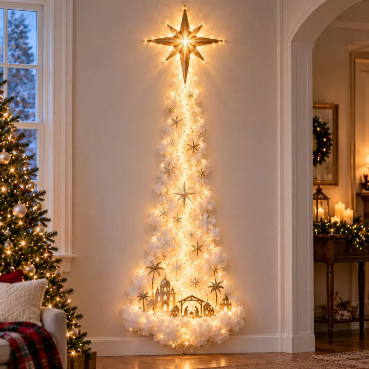 Grande étoile dorée au sommet d'une traînée lumineuse en forme de sapin, avec une crèche et des palmiers en bas 6