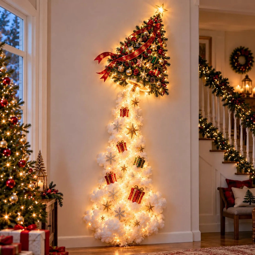Sapin décoré de rubans rouges et de boules, déversant une traînée lumineuse garnie de cadeaux, d'étoiles et de flocons 7
