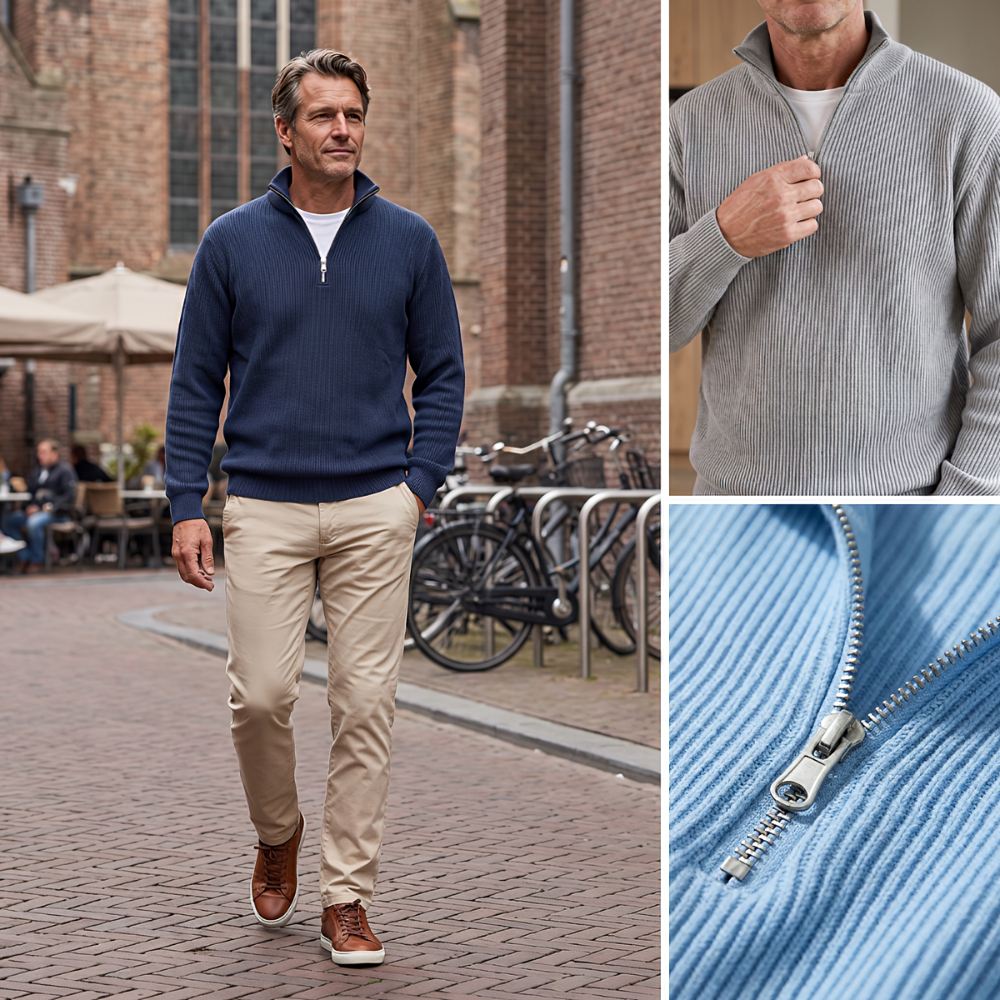 Montage : homme en pull bleu marine marchant en ville, pull gris zippé en main, détail du zip bleu. 16