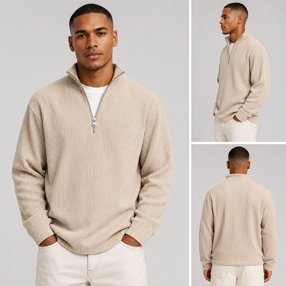 Trois vues d'un mannequin en pull côtelé beige à demi-zip : de face, de profil et de dos. 15