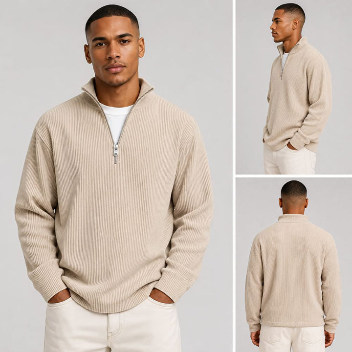 Trois vues d'un mannequin en pull côtelé beige à demi-zip : de face, de profil et de dos. 15