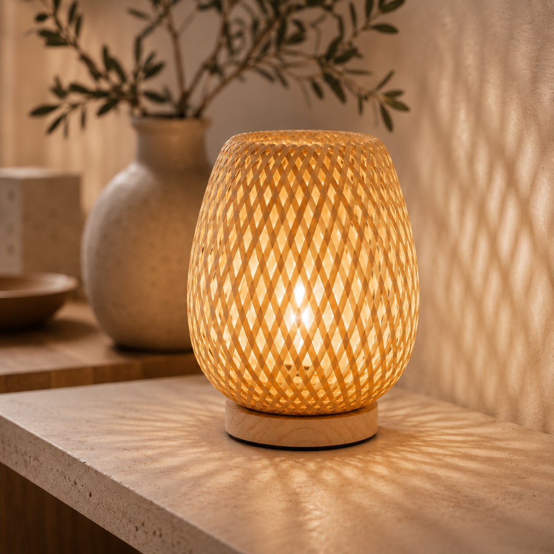 Lampe allumée à abat-jour en bambou tressé sur socle en bois clair, posée sur une tablette en pierre près d'un vase. 1