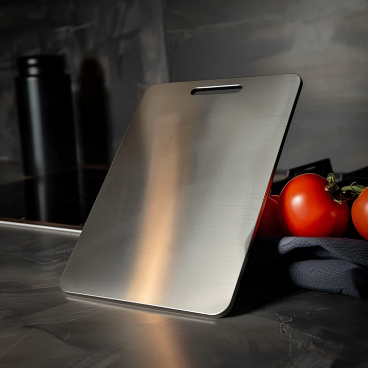 Planche en inox brossé posée en biais sur un plan de travail sombre, à côté de tomates rouges et d'un torchon gris. 2
