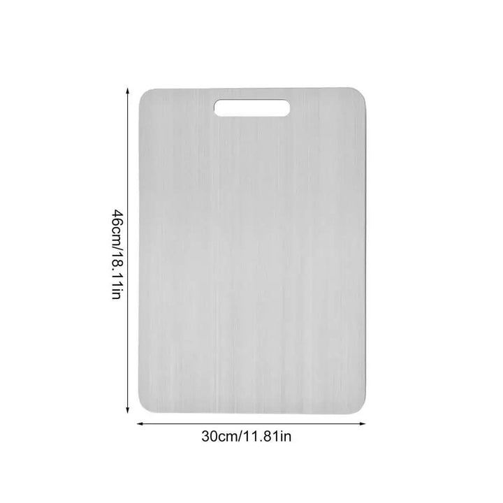 Planche en inox brossé vue de face avec ses dimensions indiquées par des flèches : 46 cm de hauteur et 30 cm de largeur. 8
