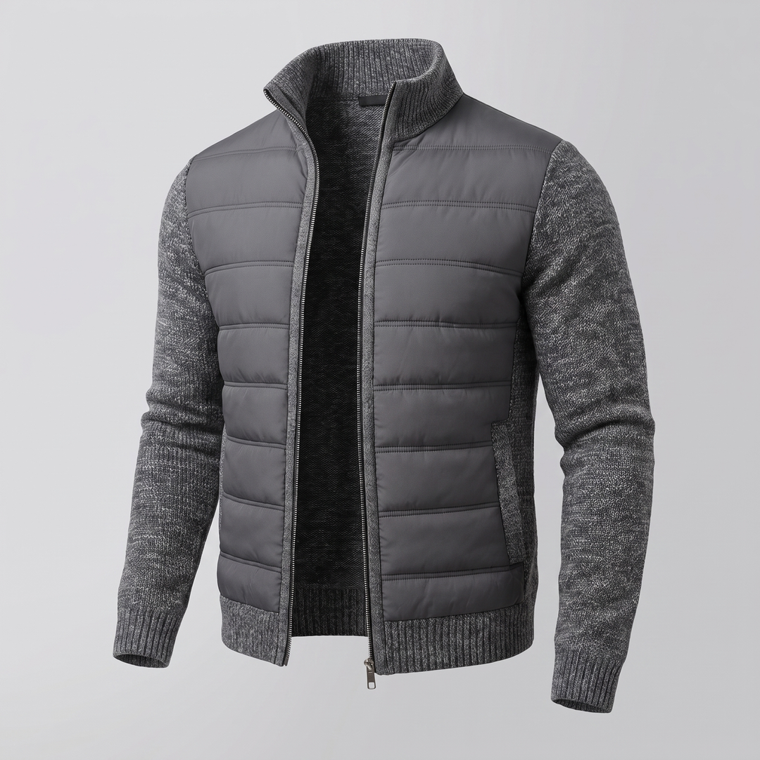Veste gris anthracite vue de trois quarts, zip ouvert sur la doublure noire épaisse 2