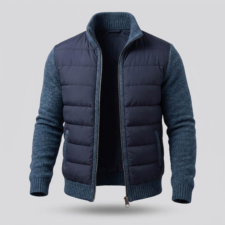 Veste bleu marine à manches en maille bleue, zip ouvert, vue de face 4