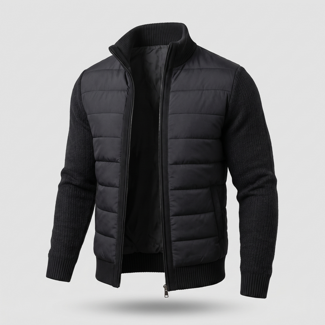 Veste noire vue de trois quarts, zip ouvert laissant voir la doublure 6