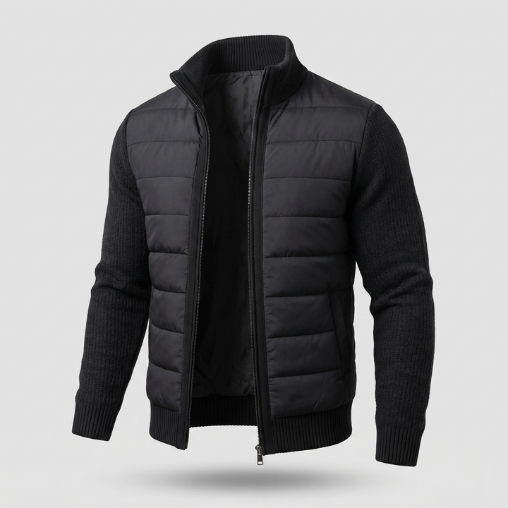 Veste noire vue de trois quarts, zip ouvert laissant voir la doublure 6