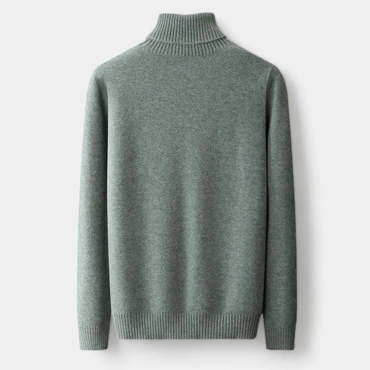 Pull à col roulé vert-gris vu de dos, avec le col côtelé et le bas côtelé 2