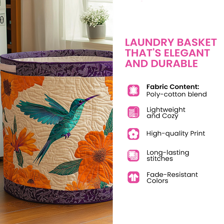 Panier matelassé à colibri turquoise et grandes fleurs orange sur fond crème, bordures violettes, avec liste de caractéristiques à droite. 11