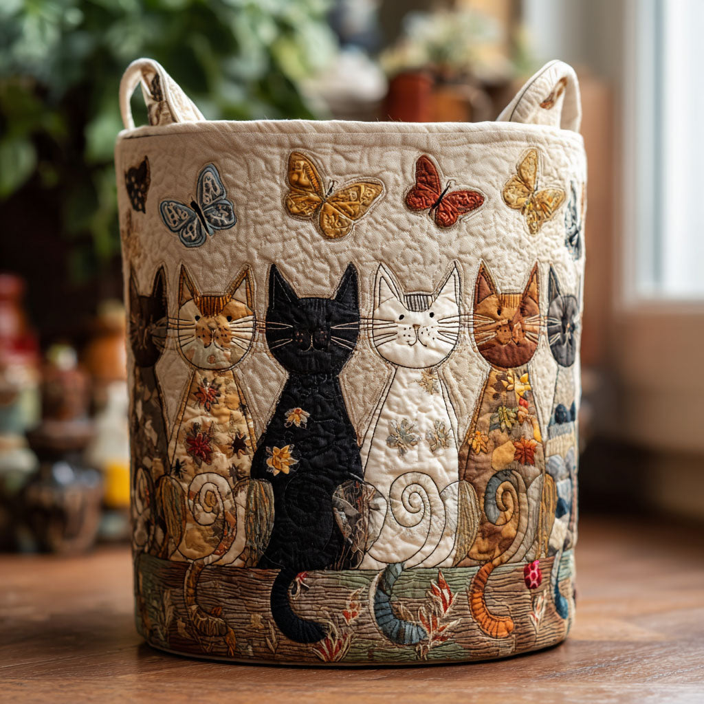 Panier rond matelassé crème avec rangée de chats appliqués et papillons colorés, posé seul sur un plancher en bois près d'une fenêtre. 1