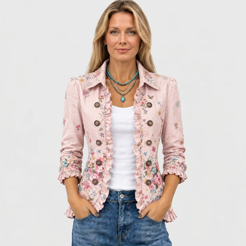 Veste rose fleurie portée ouverte par une femme, de face jusqu'aux hanches, avec débardeur blanc, collier turquoise et jean. 2
