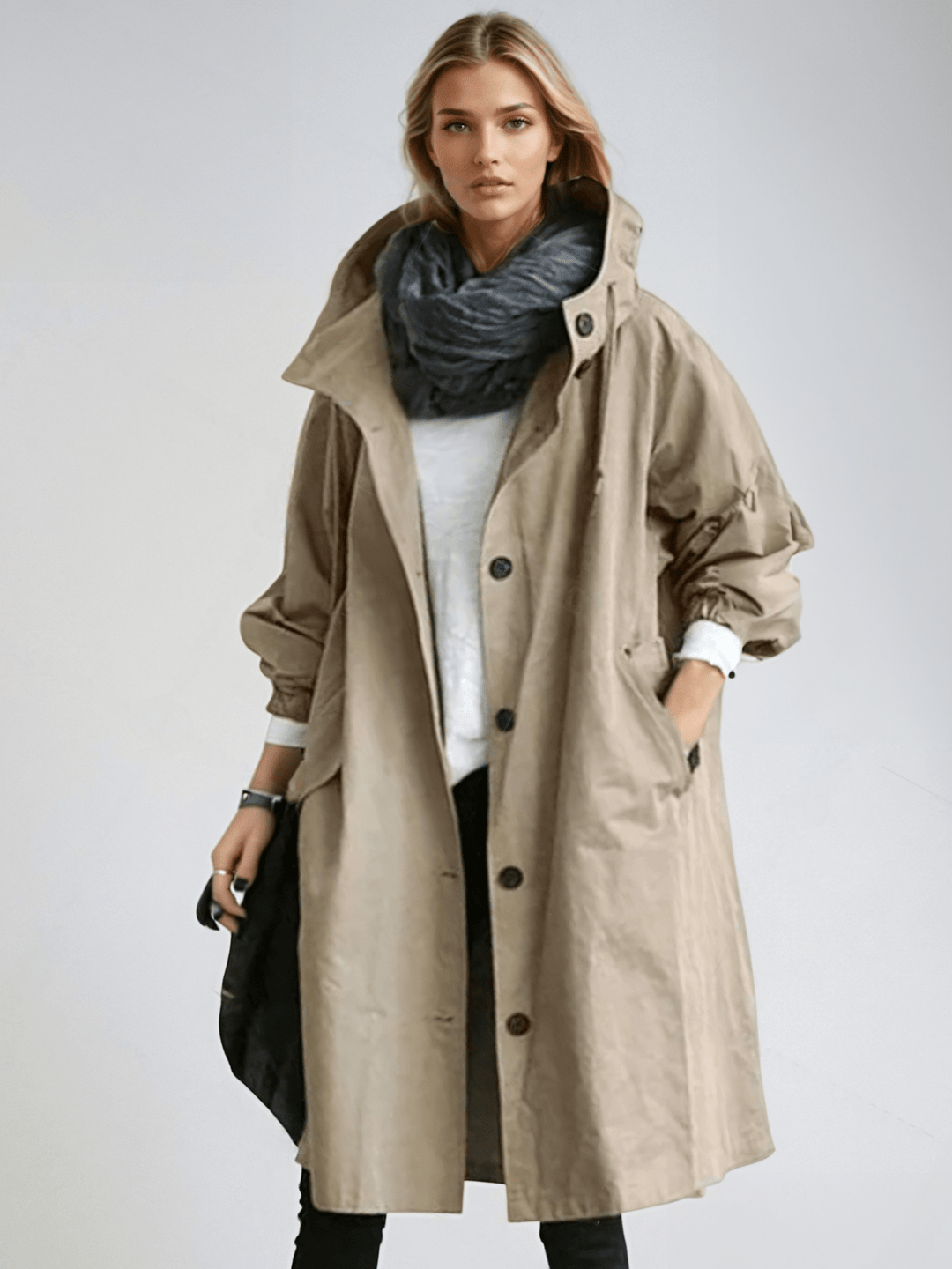 Femme portant le trench à capuche beige boutonné, col montant, écharpe grise et haut blanc, une main dans la poche. 3