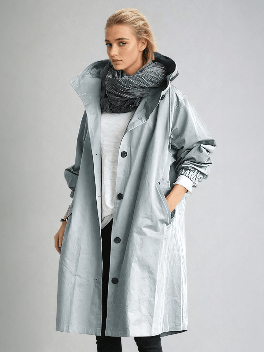 Femme en trench à capuche gris-bleu clair aux reflets brillants, porté avec écharpe grise, haut blanc et pantalon noir. 5