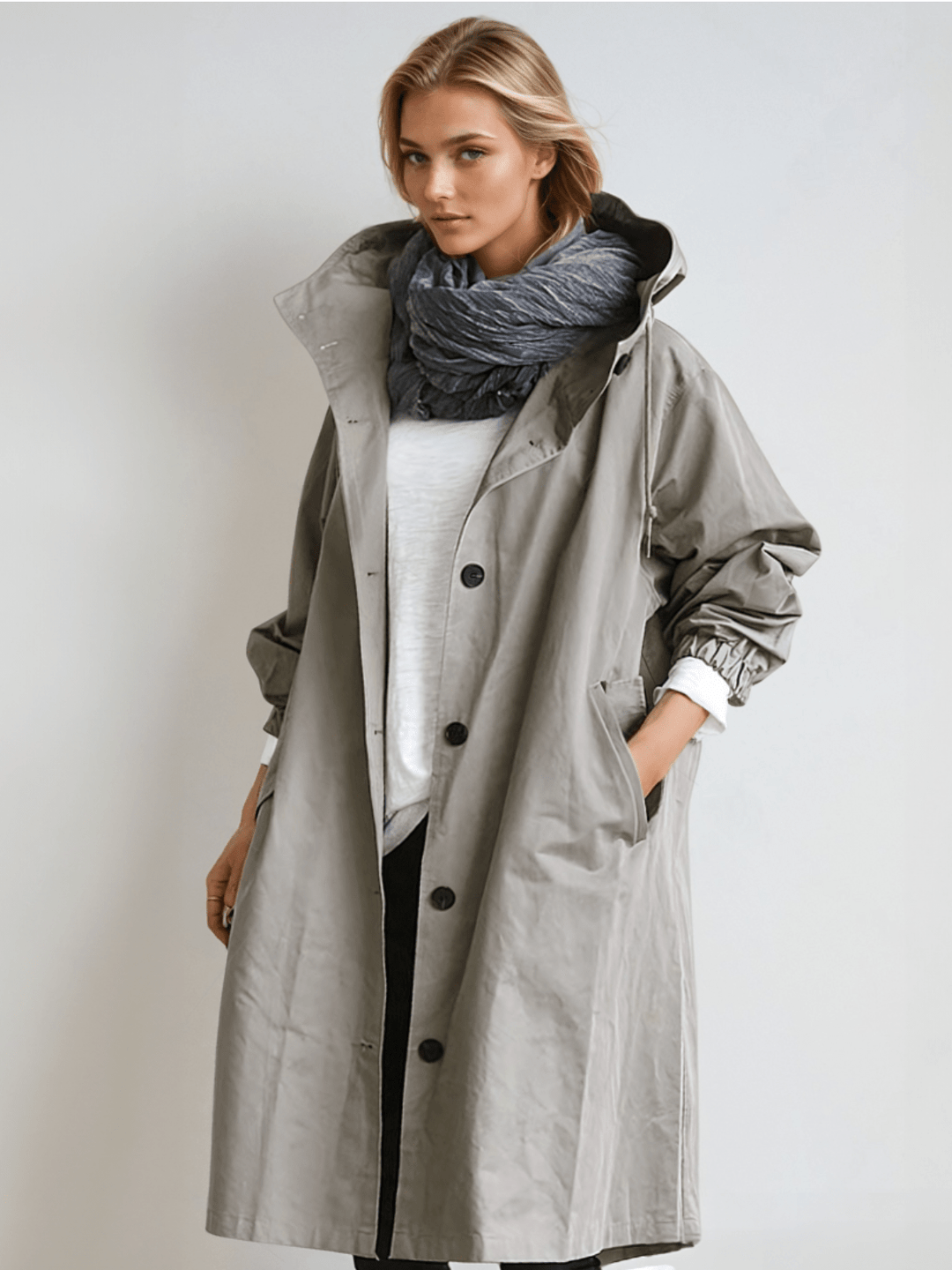 Femme portant le trench à capuche gris clair boutonné, avec écharpe grise et t-shirt blanc, une main dans la poche. 1