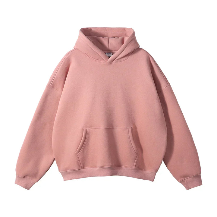 Face avant du sweat à capuche rose poudré, avec poche kangourou et poignets côtelés, présenté à plat sur fond blanc. 10