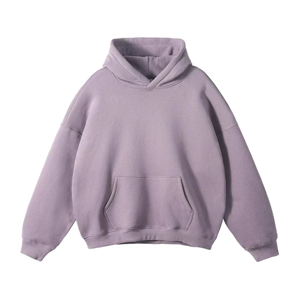 Face avant du sweat à capuche mauve grisé, avec poche kangourou et poignets côtelés, présenté à plat sur fond blanc. 11