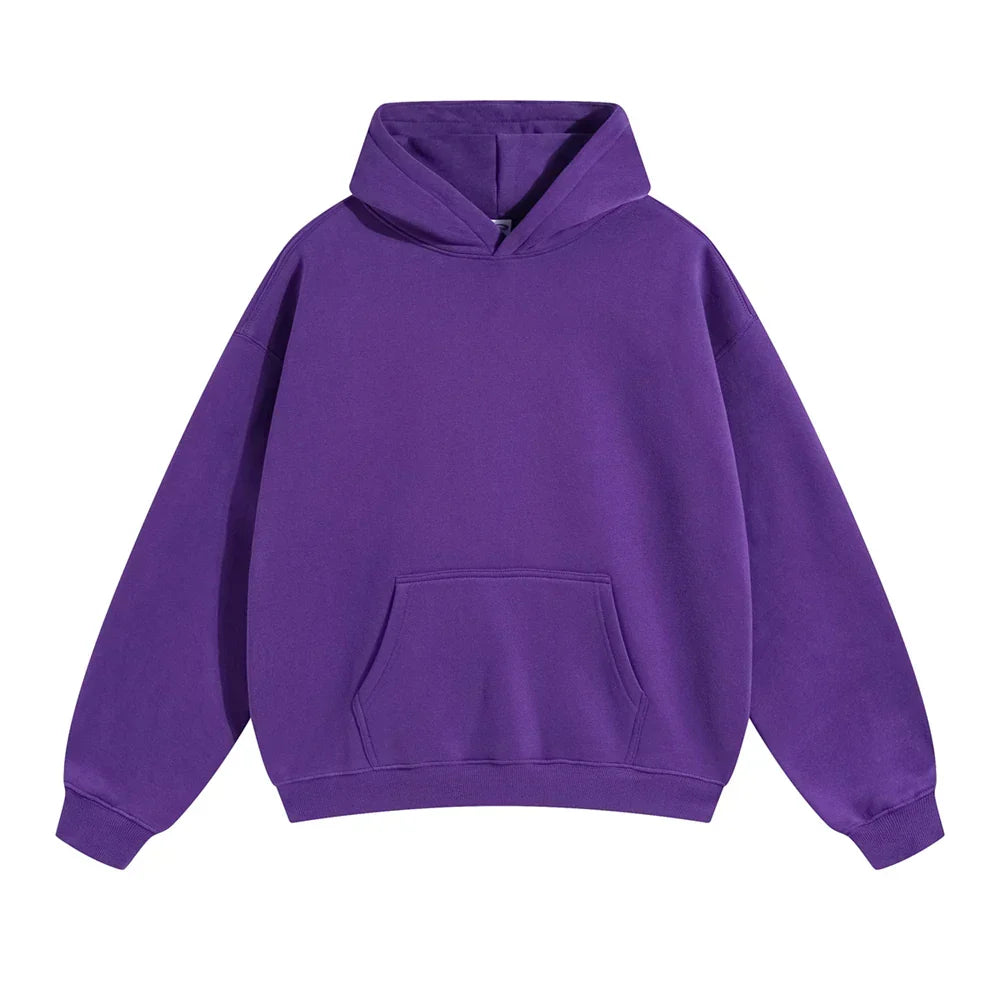 Face avant du sweat à capuche violet intense, avec poche kangourou et poignets côtelés, présenté à plat sur fond blanc. 12