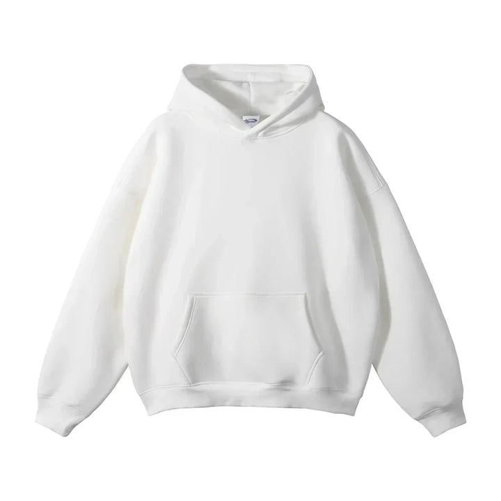 Face avant du sweat à capuche blanc, avec poche kangourou et poignets côtelés, présenté à plat sur fond blanc. 14