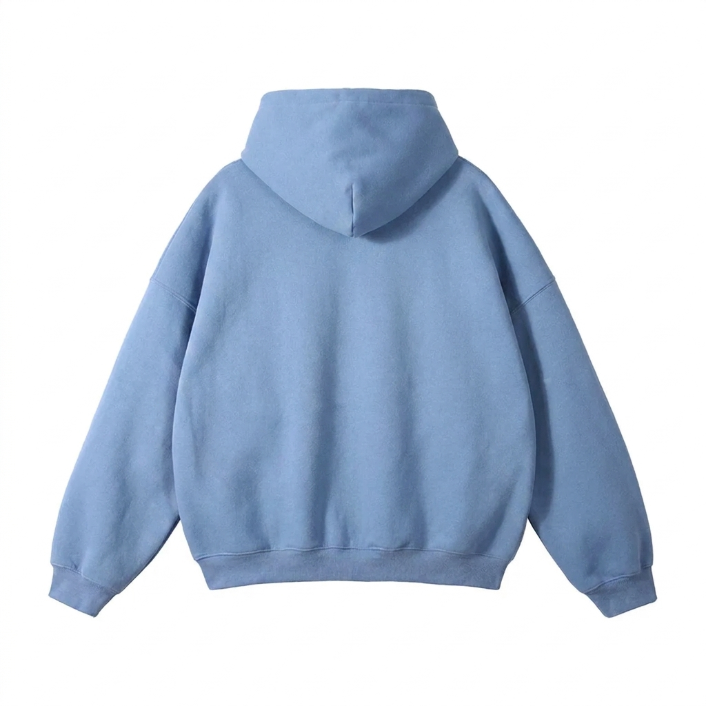 Dos du sweat à capuche bleu ciel, capuche rabattue, épaules tombantes et bas côtelé, présenté à plat sur fond blanc. 3