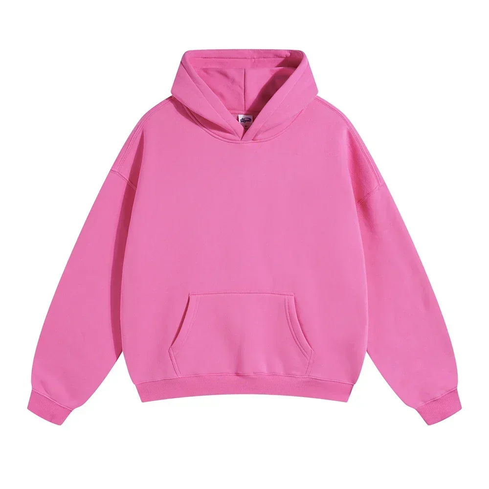 Face avant du sweat à capuche rose vif, avec poche kangourou et poignets côtelés, présenté à plat sur fond blanc. 17