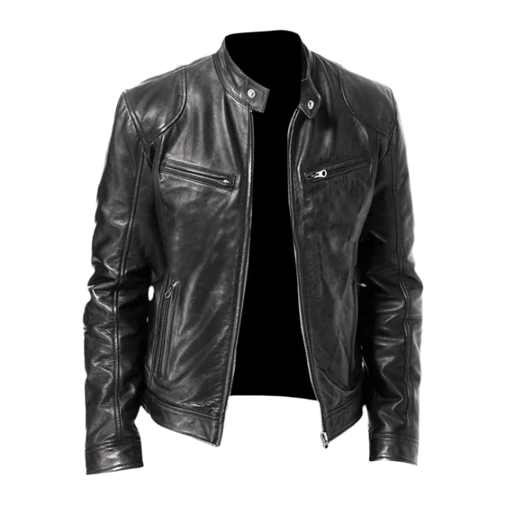 Version noire de la veste en cuir, vue de face sur fond blanc, avec col montant et poches zippées. 2