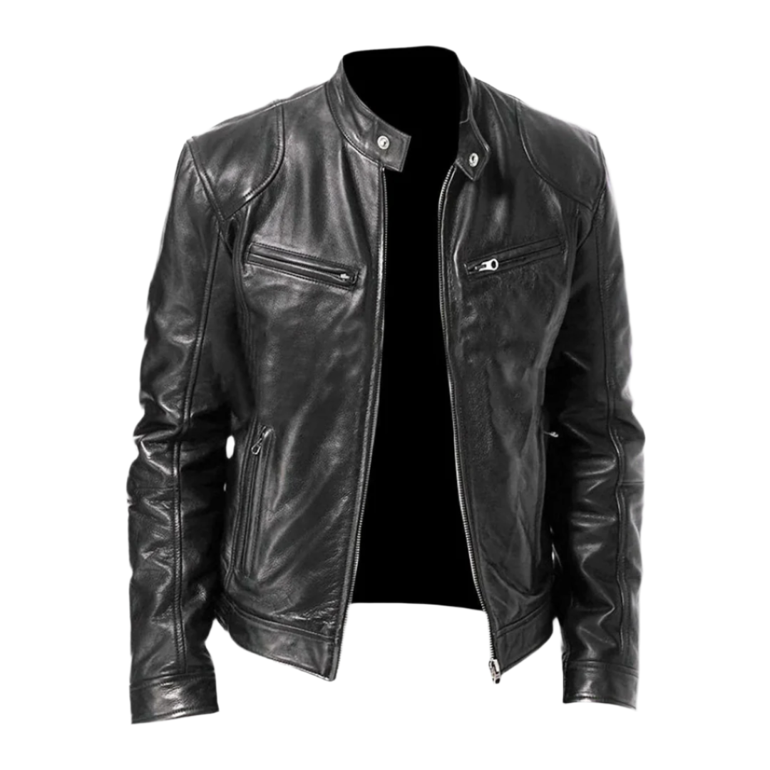 Version noire de la veste en cuir, vue de face sur fond blanc, avec col montant et poches zippées. 2