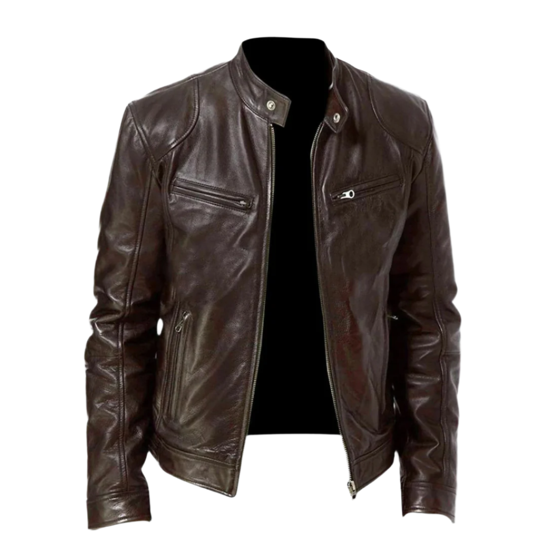 Veste en cuir marron foncé zippée, vue de face sur fond blanc, avec col montant à bouton-pression et poches zippées. 1