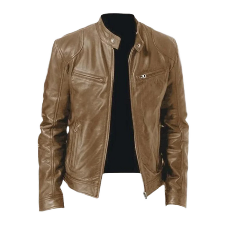 Version marron clair de la veste en cuir, vue de face sur fond blanc, ouverte sur un haut noir. 3