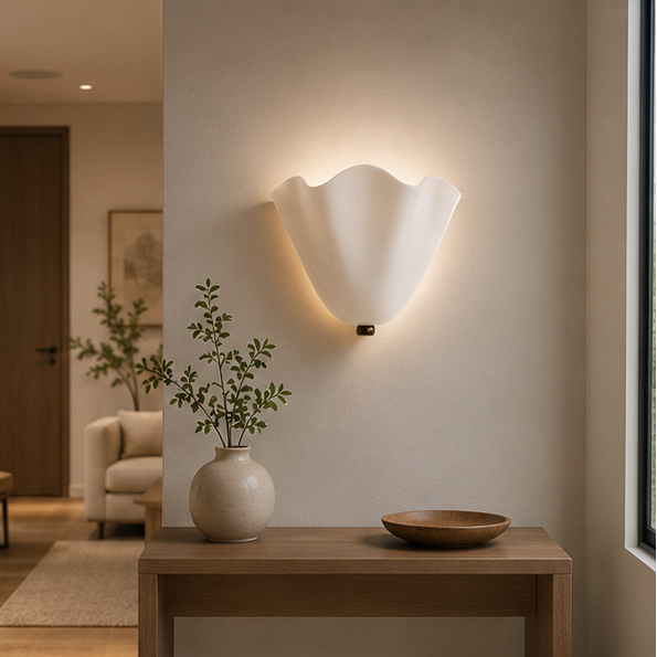 Applique blanche allumée au-dessus d'une console en bois, avec un vase de branchages et une coupe en bois. 8