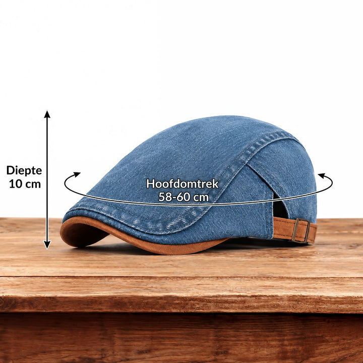 Casquette en denim bleu posée sur une table en bois, avec flèches indiquant la profondeur de 10 cm et le tour de tête de 58-60 cm. 12
