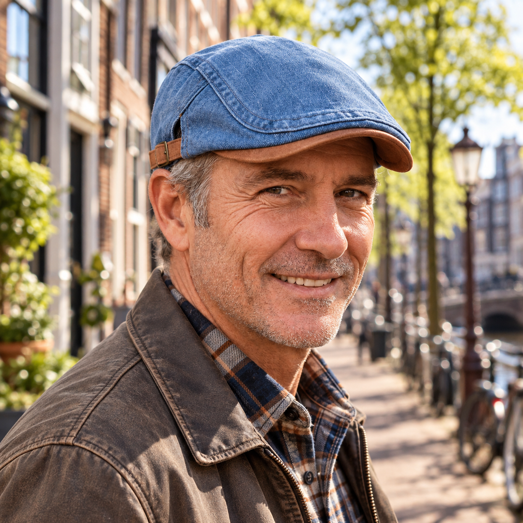 Homme souriant aux cheveux grisonnants portant la casquette en denim bleu avec visière brune, dans une rue bordée de canaux. 1