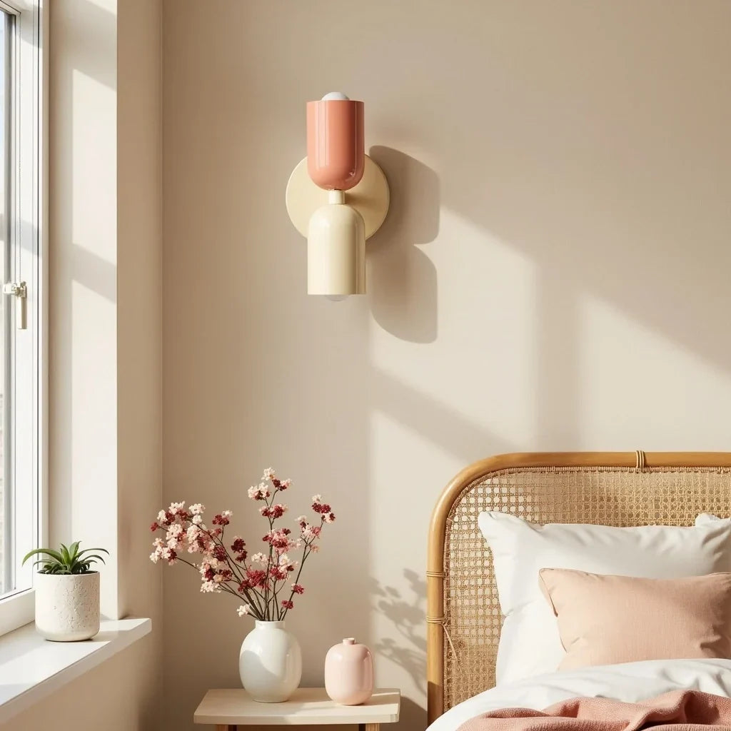 Applique à deux têtes corail et crème, montée au mur d'une chambre claire près d'une tête de lit cannée. 2
