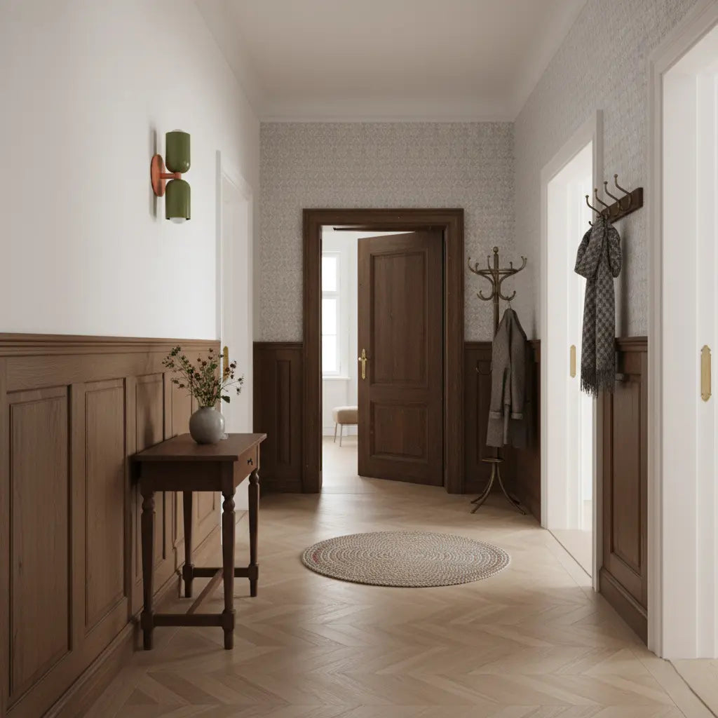 Applique à bras orange et deux têtes vertes dans un couloir classique à lambris en bois et parquet en chevrons. 7