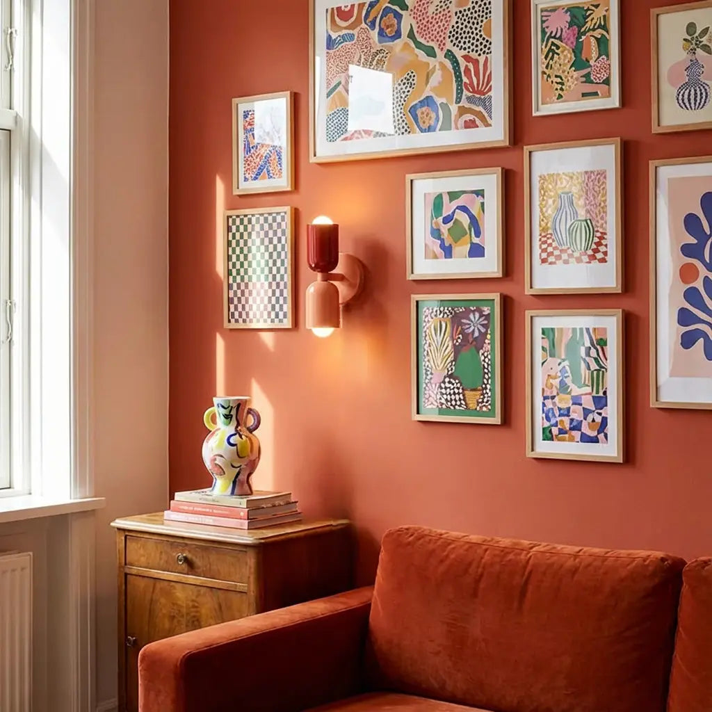 Applique rouge et corail allumée sur un mur terracotta couvert de cadres colorés, au-dessus d'une commode et d'un canapé. 5