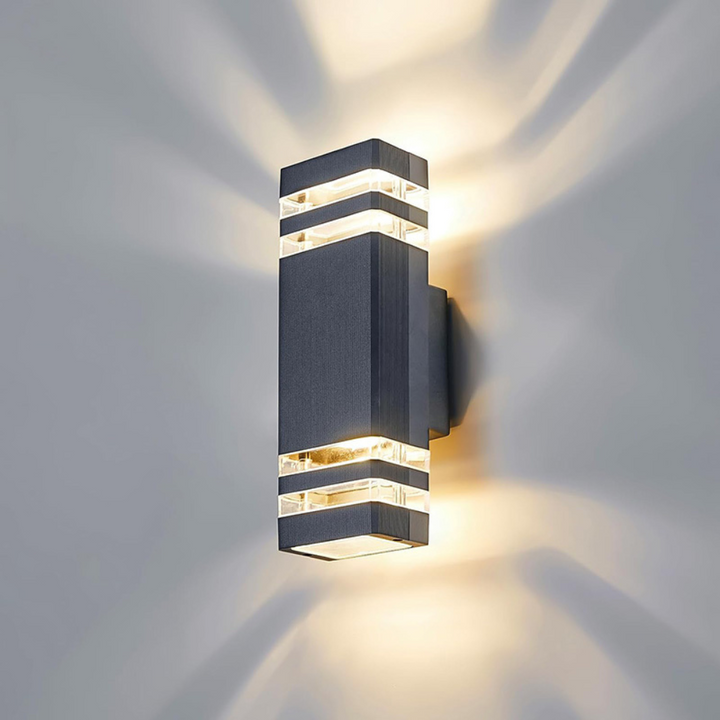 Applique rectangulaire gris foncé à deux bandes translucides, faisceaux de lumière chaude vers le haut et le bas 6
